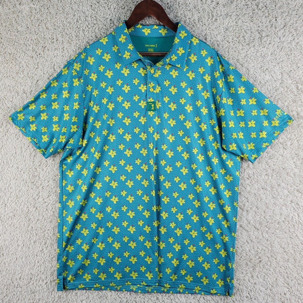 Bogey Bros Golf Polo Shirt Men's XXL Teal Yellow Floral Geometric Short Sleeve
